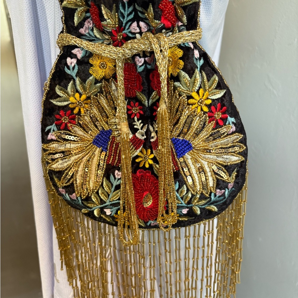 Ramla Mumbai Black Embroidered Pouch Bag With Gold Fringe. NWOT